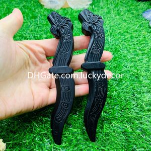 Natural Black Obsidian Sword Good Luck Gifts 15cm Crystal Quartz Dragon Head Sword Curvings Lithotherapy Wicca Witch Ritual Meditation Reiki Gemstones Altaar Tool