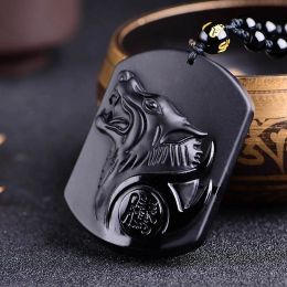 Ожерелье из натурального черного обсидиана с волком, резьба по голове волка, амулет, кулон с цепочкой, обсидиановое благословение, счастливые подвески, ювелирные изделия