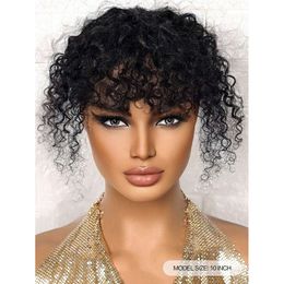 Topper negro natural con flequillo de toppers humanos de olas rizadas para mujeres con clip delgada en extensiones de cabello uso diario