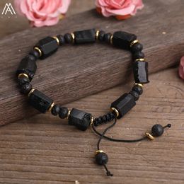 Perles de filet en pierre noire noire naturelle Lava Rondelle Cordon nouée Bracelet ajusté Femmes Boho Corde 240423