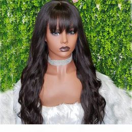 Cheveux humains ondulés noirs naturels 13x6 Lace Front Wigs avec Bangs 180Density 360 Lace Frontal Virgin Human Hair Wigs Fringe wig Full L306x