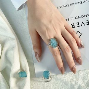 Natuurlijke blauwe aquamarijn steenring 925 sterling zilveren edelsteen ringen voor vrouwen open verstelbare maat handgemaakte fijne sieraden 211217