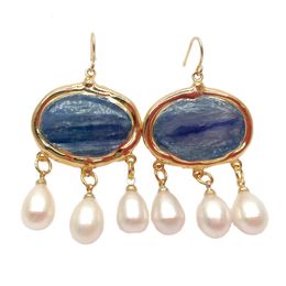 Boucles d'oreilles à crochet en Kyanite bleue naturelle, perles de riz blanches d'eau douce, 231229