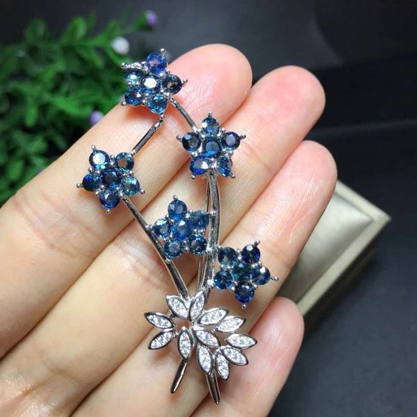 Natural azul zafiro colgante S925 Silver Silver Gemstone Broches de la flor de la flor de la flor de la flor de la novia Joyería de la boda