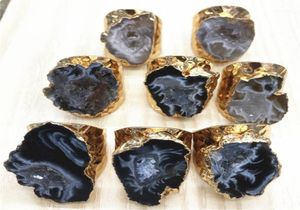 Natuurlijke Braziliaanse geëlektroplateerde goudkleur Gesomde plak Open Agates Geode Drusy Druzys Mens Wedding Rings verlovingsring Set12328604