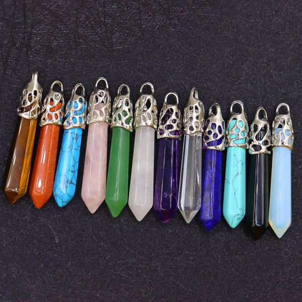 Chakra Stone Single Single Point Hexagon Charmes Rose Quartz Turquoise Tiger Eye Lapis Lazuli Perges Pendante Bijoux de bricolage Boucles d'oreilles Collier