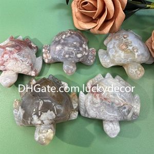 Statue de tortue en agate de fleur de cerisier naturelle Décor Sakura Figurine de tortue en cristal de quartz Guérison Reiki Fleur Pierre précieuse Sculpture animale Petite taille 50-60 mm