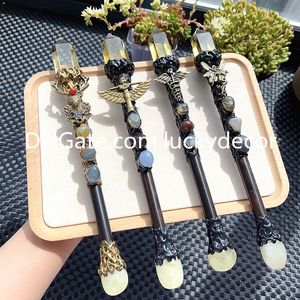 Natuurlijke citriene kristalpunt Magic Wand Spell Crafts Handmade Long Witch Wicca Wizard Scepter Altaar Rituelen Tools Onregelmatige Chakra Quartz Agate kralen Resin Fairy