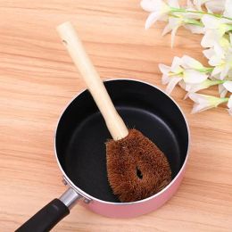 Natuurlijke kokosbruine anti-aanbakolie houten lange handgreep pot borstel schotel wassen olie reinigingsborstel kan hangen type borstel tslm1