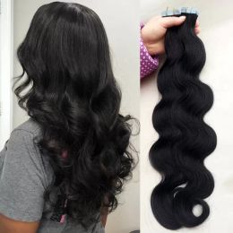 Natuurlijke kleur Body Wave Tape in op menselijke haarextensions Remy Black Women Invisible Virgin Indian Hair Pu Skin Weft Haar Dubbelzijdig