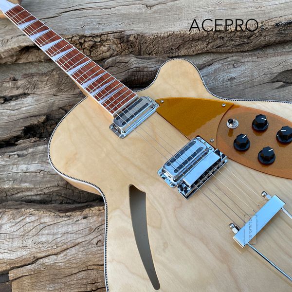 Color natural Full Hollow Body 6 cuerdas Guitarra eléctrica Gold Pickguard Tailpiece Bridge 370 Guitarra de alta calidad Envío gratis