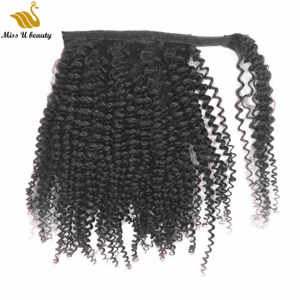 Color natural Kinky Curl Afro Curly Extensiones de cabello Cola de caballo Peruana VirginHair Wrap Around HOOK LOOP 12-30 pulgadas