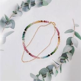 Natuurlijke kleurrijke mix toermalijn kraal handgemaakte vrouwen 14k goud gevulde ketting dubbellaags armband semi-kostbare sieraden