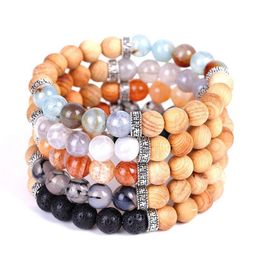 Bracelet en pierre naturelle craquelée avec perle de bois et diffuseur d'huile de roche de lave Style rétro Bracelets extensibles pour femmes brins de perles 353P
