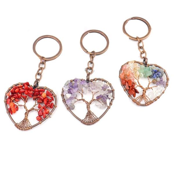 Porte-clés en pierre concassée naturelle, cristal, en forme de cœur, arbre de vie, pendentif de voiture, cadeaux