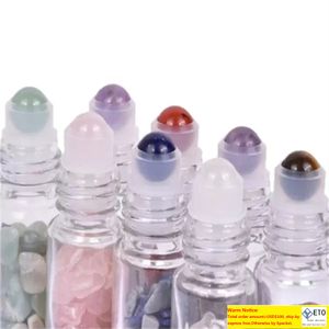 Botella de bola de rodillo de piedras preciosas de aceite esencial de piedra artesanal de cristal Natural vidrio esmerilado transparente Perfume de bola de 10ml