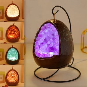 Lámpara con forma de huevo de cristal Natural, luz Led nocturna USB, mesa de citrino amatista, racimo para dormitorio, decoración del hogar, regalo 240106
