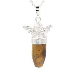 Collier avec pendentif en pierre précieuse d'ange en cristal naturel pour femmes et filles, bijoux à la mode avec deux chaînes 316R
