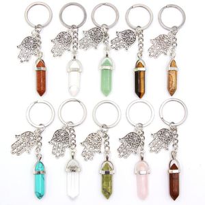 Cristal naturel hexagone pierre Hamas paume main breloque porte-clés voiture sac porte-clés anneau pour hommes femmes cadeaux