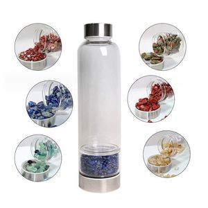 Botella de agua de cristal de cuarzo natural, cuarzo triturado, varita de obelisco, botellas de energía curativa, tapa de acero inoxidable, Mfpks