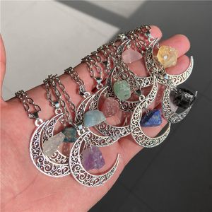 Cristal naturel Reiki pierre brute rétro lune pendentif collier géométrique foi guérison Quartz chaîne colliers bijoux cadeaux de fête pour les femmes