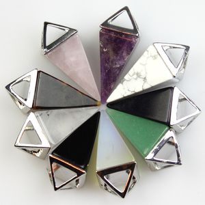 Natural Crystal Square Cone Shape Chakra Stone Pendulum Charms Rose Quartz Pendants for Jewelry Accessories diy Making wholesale