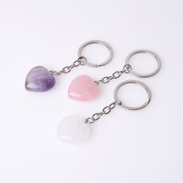 Natural Crystal Stone 20mm hart Amethyst Rose Quartz Key Rings Keychain Bag Hanger Car Decor Key Chain Keyholder