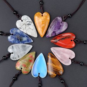 Natural Crystal Stone 40mm Big Heart Pendant Opal Rose Quartz Jade Lapis Charms touw kettingen retro -stijl sieraden maken