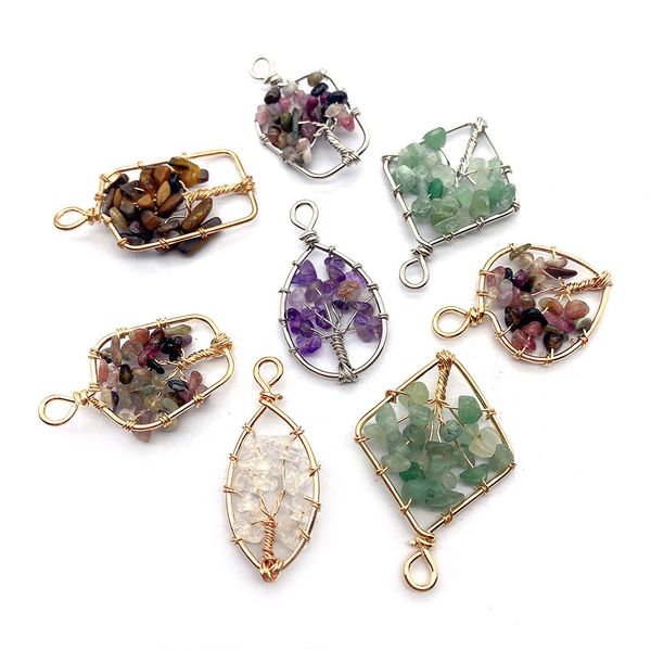 Perles de pierre de cristal naturel breloques fil enroulé arbre de vie pendentif pour la fabrication de bijoux Chakra Reiki guérison améthyste vert aventurine pendentifs en gros