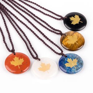 Natural Crystal Stone Disc vorm creatieve mode drop-ketting graveren esdoorn bladeren reiki sieraden heren en dames charme hangers ketting