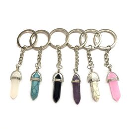 Natuurlijke Crystal Steen Sleutelhanger Hanger Zeshoekige Kolom Gemstone Sleutelhanger Bagage Decoratie Sleutelhanger