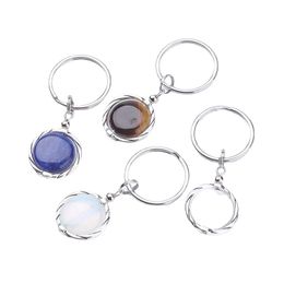 Porte-clés en pierre de cristal naturel, gemme à rabat, en acier inoxydable, pendentif, accessoires de mode, porte-clés