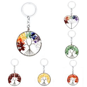 Porte-clés arbre de vie en pierre de cristal naturel, pendentif 7 chakras suspendus en fil de cuivre, porte-clé rond en forme de cœur d'amour