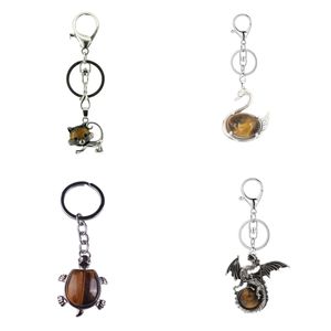 Natural Crystal Tiger Eye Gemstone Meerdere stijl Keychain voor vrouwen Men Koper Zon Dragon Pendant Keychain Sieraden