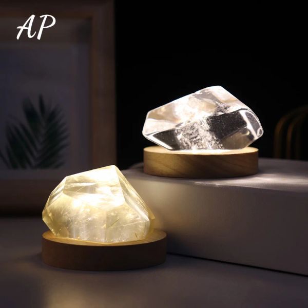 Geometría de lámpara blanca de cristal natural Piedra Reiki Currina Citrina Polro Irregular Piedra Pequeña noche Lámpara Decoración de casas de inicio