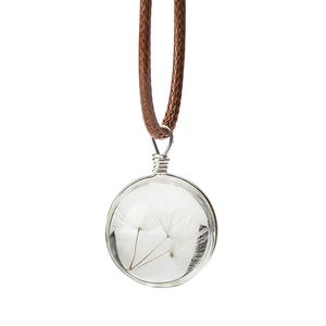 Collier en cristal de graine de pissenlit naturel hommes femmes fait à la main en verre pendentif rond en cuir chaîne collier Unique femme bijoux cadeau