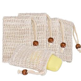 Saco de sabão de malha esfoliante natural Sisal Sacos de proteção de sabonetes com cordão Bolsa de armazenamento Titular Esfregadores de secagem para espuma de banho de chuveiro