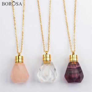 Natuurlijke fluoriet parfumfles ketting in goud kristal roze kwarts etherische olie diffuser hanger charme voor vrouwen G1979229u