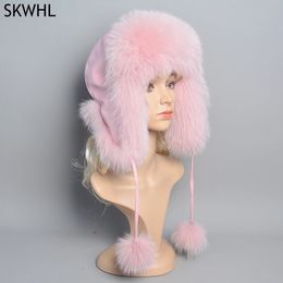 Chapeau d'aviation russe en fourrure de renard naturelle avec oreilles Ushanka femmes hiver chaud moelleux élégant femme queue casquette mode vrais chapeaux de fourrure 231228