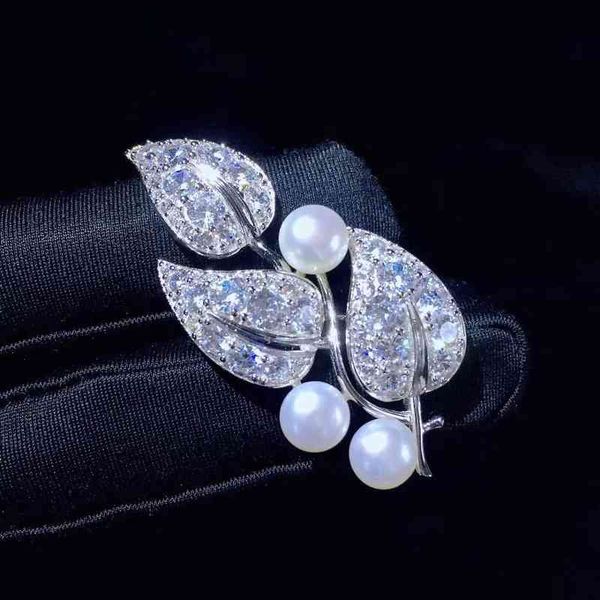 Broche de perla natural de agua dulce y hoja, Plata de Ley 925 con circonita cúbica, joyería para mujeres finas para abrigo