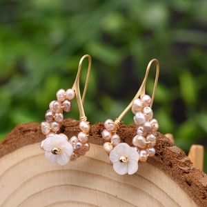 Natuurlijke zoetwater parel roze paars boho dangle bloem oorbellen voor vrouwen geschenken bruiloft drop oorbel fijne sieraden accessoires