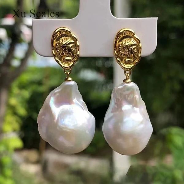 Naturel d'eau douce coloré Aurora blanc 1525mm boucles d'oreilles en perles baroques rétro cour pièces d'or reine tête bijoux cadeau pour les femmes 240125