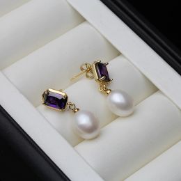 Pendientes naturales de perlas de agua dulce para mujeres, pendientes de gota chapados en oro 925 Silver Gemstone Joyería Fina