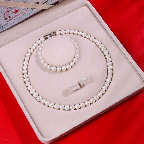 Conjunto de pendientes y pulsera con collar de perlas naturales de agua dulce, regalos para el día de la madre para suegra228f