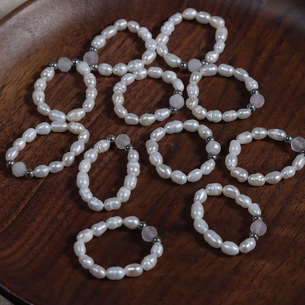 Anillo de perlas naturales de agua dulce elástico lindo dedo perla anillos para mujeres