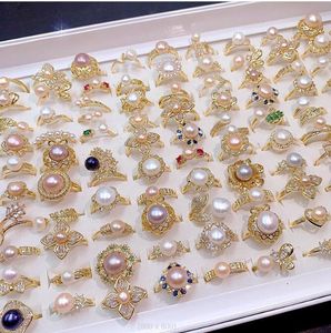 Anillo de perlas naturales de agua dulce, anillo de circón de lujo ligero chapado en oro, anillo abierto de estilo mixto