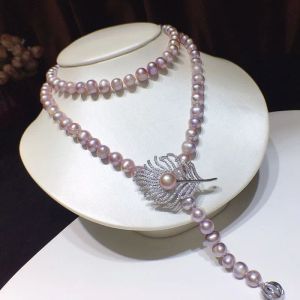 Chaîne de pull en perles d'eau douce naturelles, collier élégant en plumes violettes, haut de gamme, accessoires bijoux de fête de mariage pour femmes