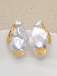 Perle d'eau douce naturelle le patch en feuille d'or grande perle baroque S925 boucles d'oreilles 15-25mm INS bijoux fins cadeaux pour femmes EAP 240220