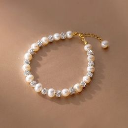 Perles d'eau douce naturelles 56 mm Bracelet de perle de forme ronde plate Sphere 925 Bijoux de mode en argent sterling pour femmes 240423