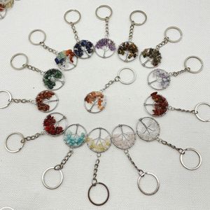 Pierre précieuse naturelle cristal Quartz Fluorite arbre de vie porte-clés Lapis améthyste 7 Chakra 30mm pendentif porte-clés chaîne cadeau